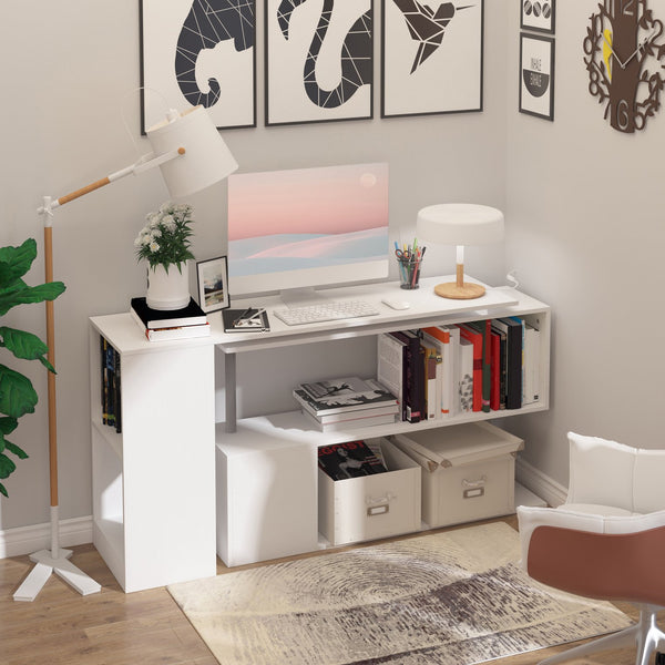 English Elm 55" 360° Rotating Corner Desk - Modern L-Shaped Home Office Workstation with 3-Tier Shelves & Cubby Storage, White W2225141052