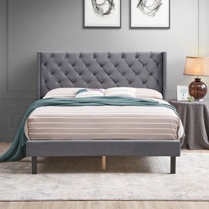 English Elm Velvet Queen Platform Bed Charcoal Gray — Button Tufted Winged Headboard, 600LB Slat Support, Easy Assembly W2297141187