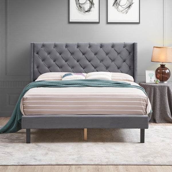 English Elm Velvet Queen Platform Bed Charcoal Gray — Button Tufted Winged Headboard, 600LB Slat Support, Easy Assembly W2297141187