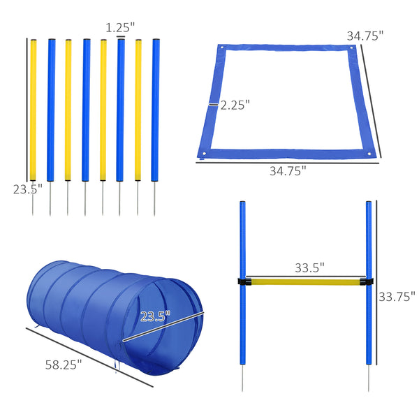 English Elm 4PC Dog Agility Training Set - Adjustable Jump, Tunnel, Pause Box & Weave Poles with Stakes, Durable Nylon W2225141107