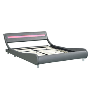 English Elm Faux Leather Upholstered Platform Bed Frame Queen with LED Remote Lighting, Curved Headboard, 600lb Limit W2297140906
