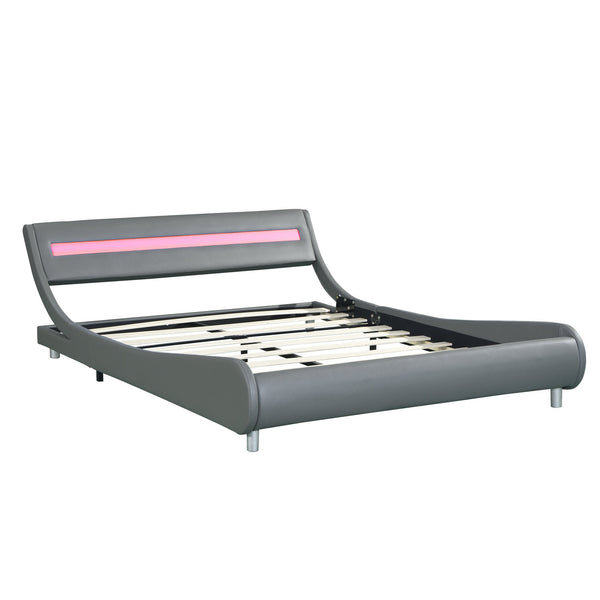 English Elm Faux Leather Upholstered Platform Bed Frame Queen with LED Remote Lighting, Curved Headboard, 600lb Limit W2297140906