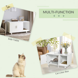 English Elm Wooden Hidden Cat Litter Box & End Table with Scratcher, Magnetic Doors, Storage Cabinet White W2225141101