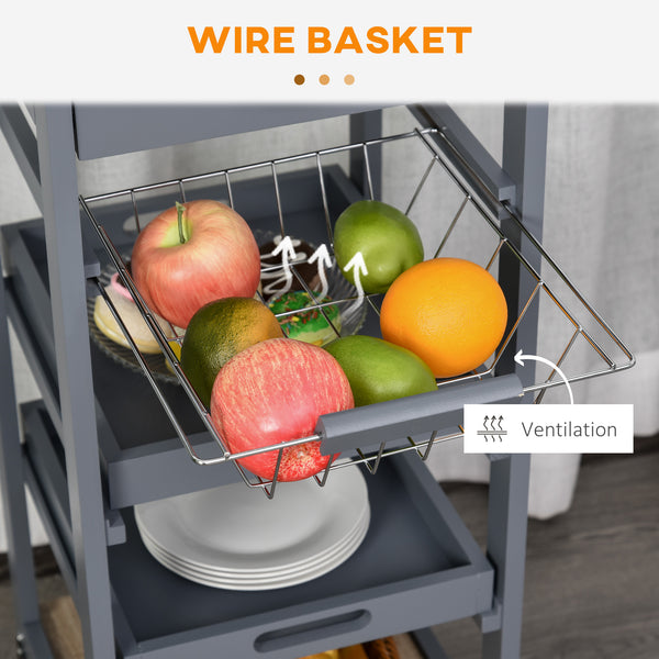 English Elm Mobile Rolling Kitchen Island with Drawer, Slide-Out Wire Basket, Oak Grain Top, Smooth Casters, Compact Storage Cart W2225141199