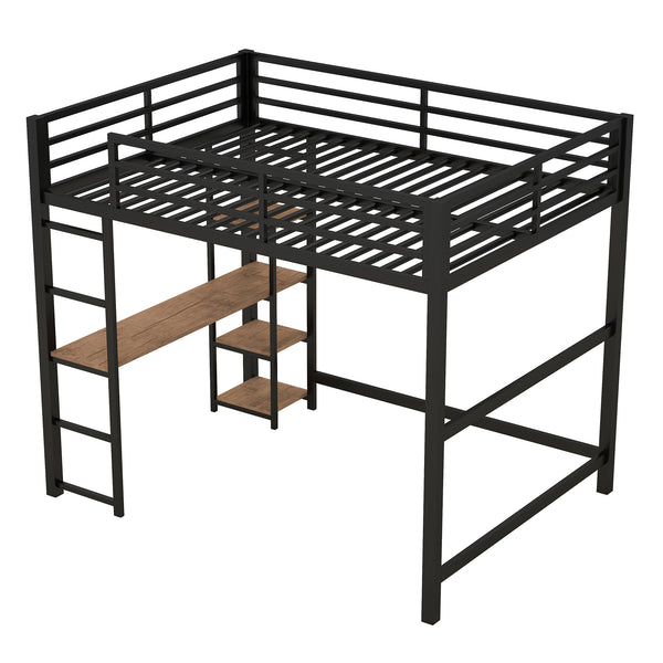 English Elm Full Size Metal Loft Bed with Built-in Desk & Shelves, Black — Space-Saving Study Station, Industrial Design, 250lb Capacity, Easy Assembly GX001116AAB-1