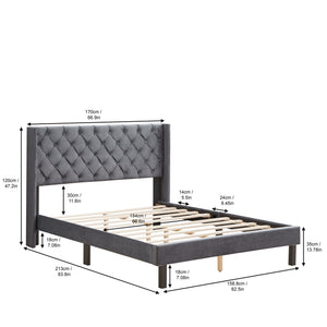 English Elm Velvet Queen Platform Bed Charcoal Gray — Button Tufted Winged Headboard, 600LB Slat Support, Easy Assembly W2297141187