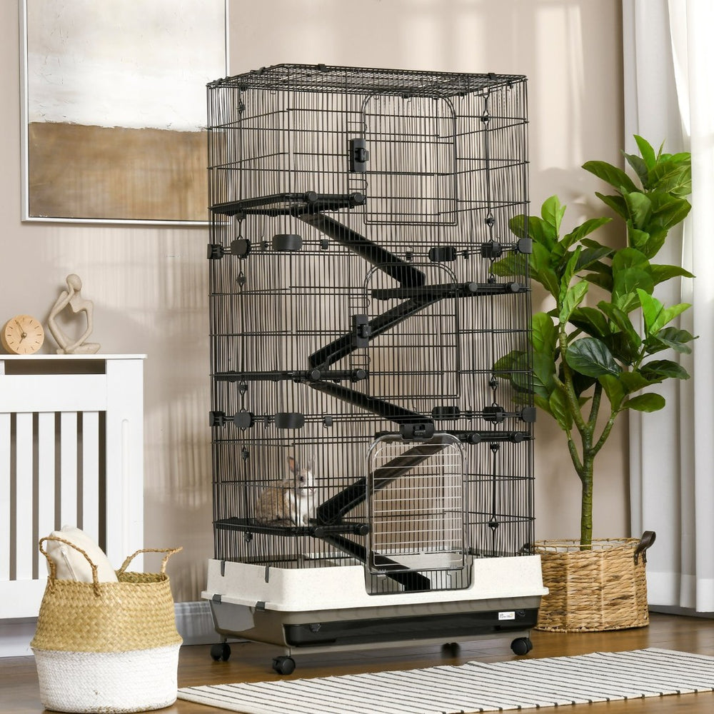 English Elm Small Animal Cage Six Tier Metal Wire Enclosure with Wheels Ramps and Multi Level Platforms W2225141092