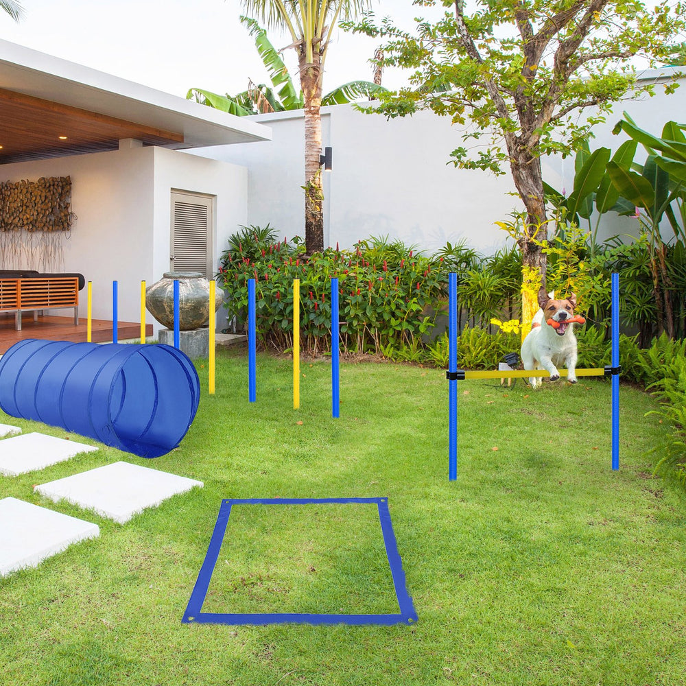 English Elm 4PC Dog Agility Training Set - Adjustable Jump, Tunnel, Pause Box & Weave Poles with Stakes, Durable Nylon W2225141107