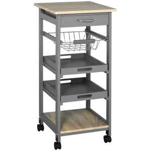 English Elm Mobile Rolling Kitchen Island with Drawer, Slide-Out Wire Basket, Oak Grain Top, Smooth Casters, Compact Storage Cart W2225141199