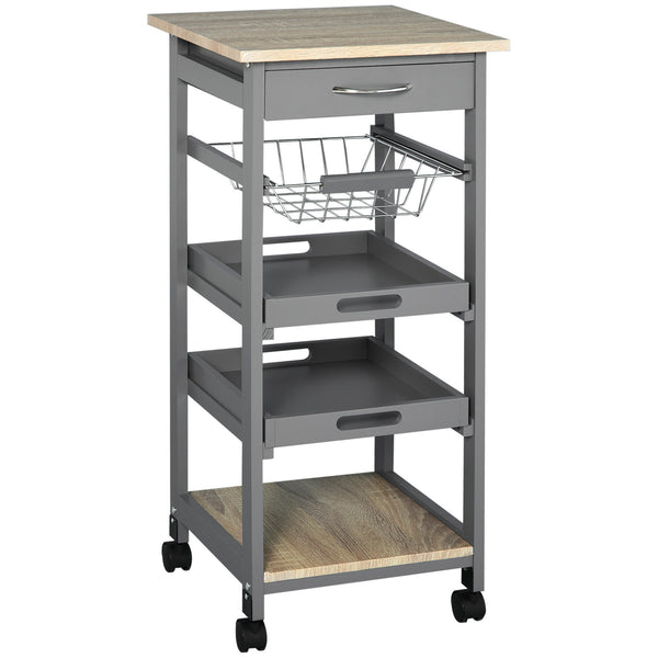 English Elm Mobile Rolling Kitchen Island with Drawer, Slide-Out Wire Basket, Oak Grain Top, Smooth Casters, Compact Storage Cart W2225141199