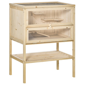 English Elm 3-tier Fir Wood Small Animal Hutch with Plexiglass Windows Five Platforms Ventilated Top W2225141114