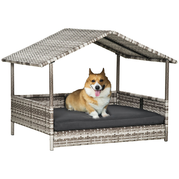 English Elm Wicker Outdoor Dog House with Canopy — Durable PE Rattan Elevated Bed, Water-Resistant Cushion Comfort White W2225141097