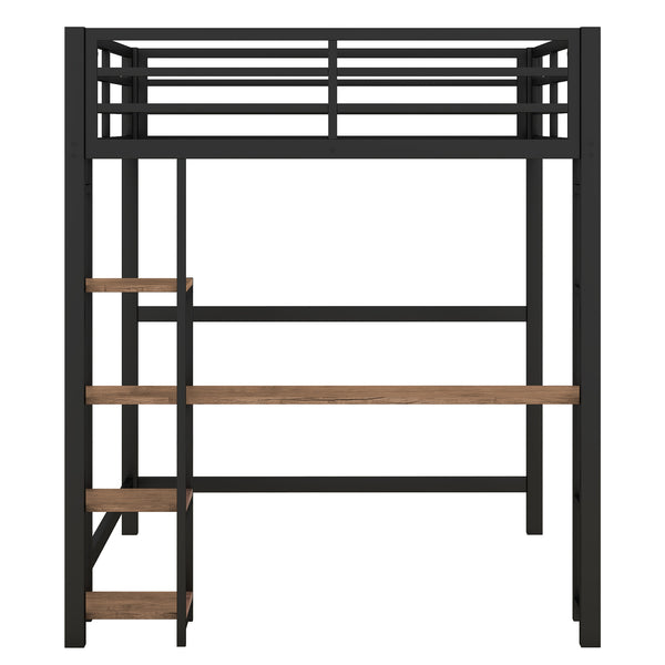 English Elm Full Size Metal Loft Bed with Built-in Desk & Shelves, Black — Space-Saving Study Station, Industrial Design, 250lb Capacity, Easy Assembly GX001116AAB-1