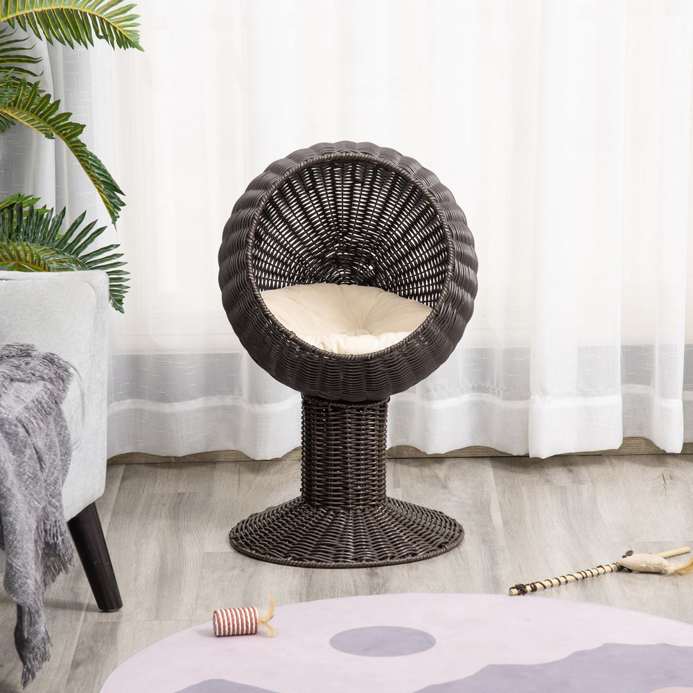 English Elm 27" Rattan Elevated Cat House with Plush Cushion, Two-Position Rotating Wicker Bed for Cats Cozy Hideaway W2225141096