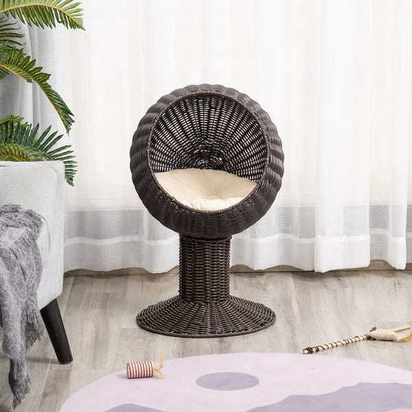 English Elm 27" Rattan Elevated Cat House with Plush Cushion, Two-Position Rotating Wicker Bed for Cats Cozy Hideaway W2225141096