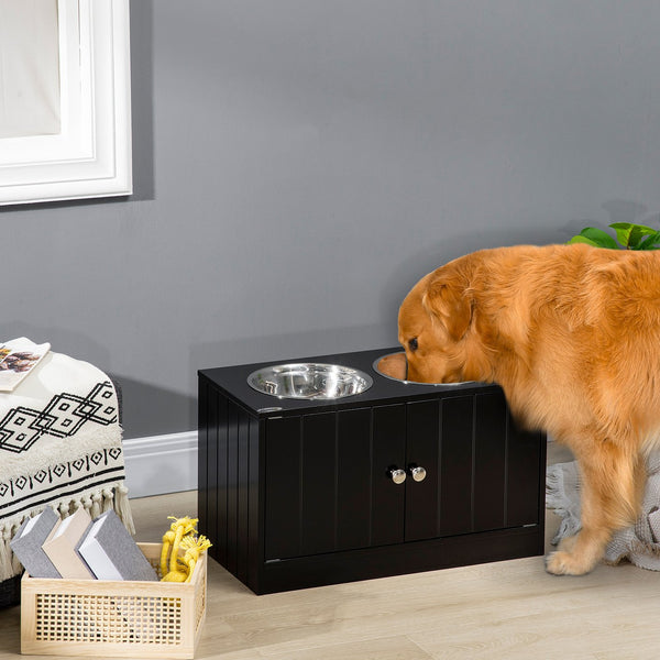 English Elm Magnetic-Door Raised Dog Feeding Station with 44L Storage, Stainless Bowls, Magnetic Seal, Black W2225141109