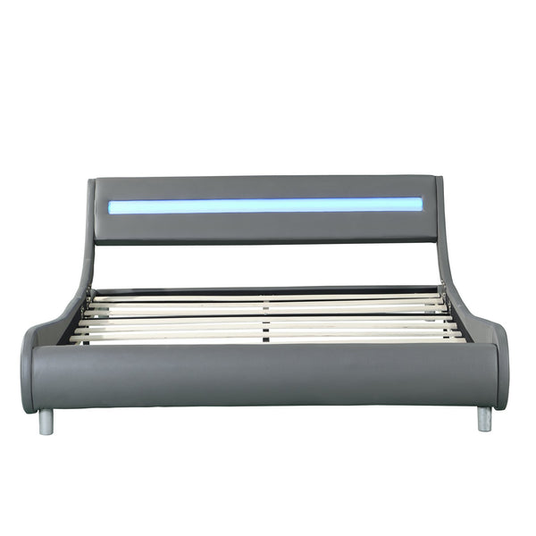 English Elm Faux Leather Upholstered Platform Bed Frame Queen with LED Remote Lighting, Curved Headboard, 600lb Limit W2297140906
