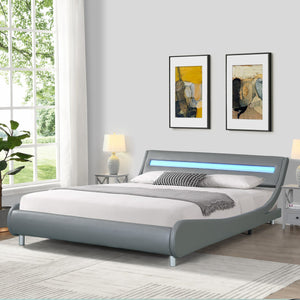 English Elm Faux Leather Upholstered Platform Bed Frame Queen with LED Remote Lighting, Curved Headboard, 600lb Limit W2297140906