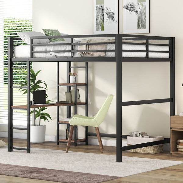English Elm Full Size Metal Loft Bed with Built-in Desk & Shelves, Black — Space-Saving Study Station, Industrial Design, 250lb Capacity, Easy Assembly GX001116AAB-1