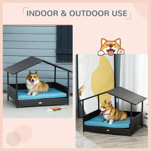 English Elm Wicker Outdoor Dog House with Canopy — Durable PE Rattan Elevated Bed, Water-Resistant Cushion Comfort Blue W2225141098