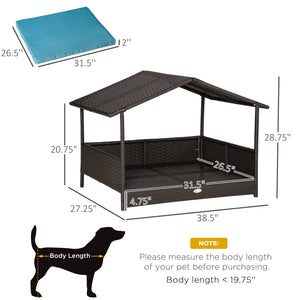 English Elm Wicker Outdoor Dog House with Canopy — Durable PE Rattan Elevated Bed, Water-Resistant Cushion Comfort Blue W2225141098