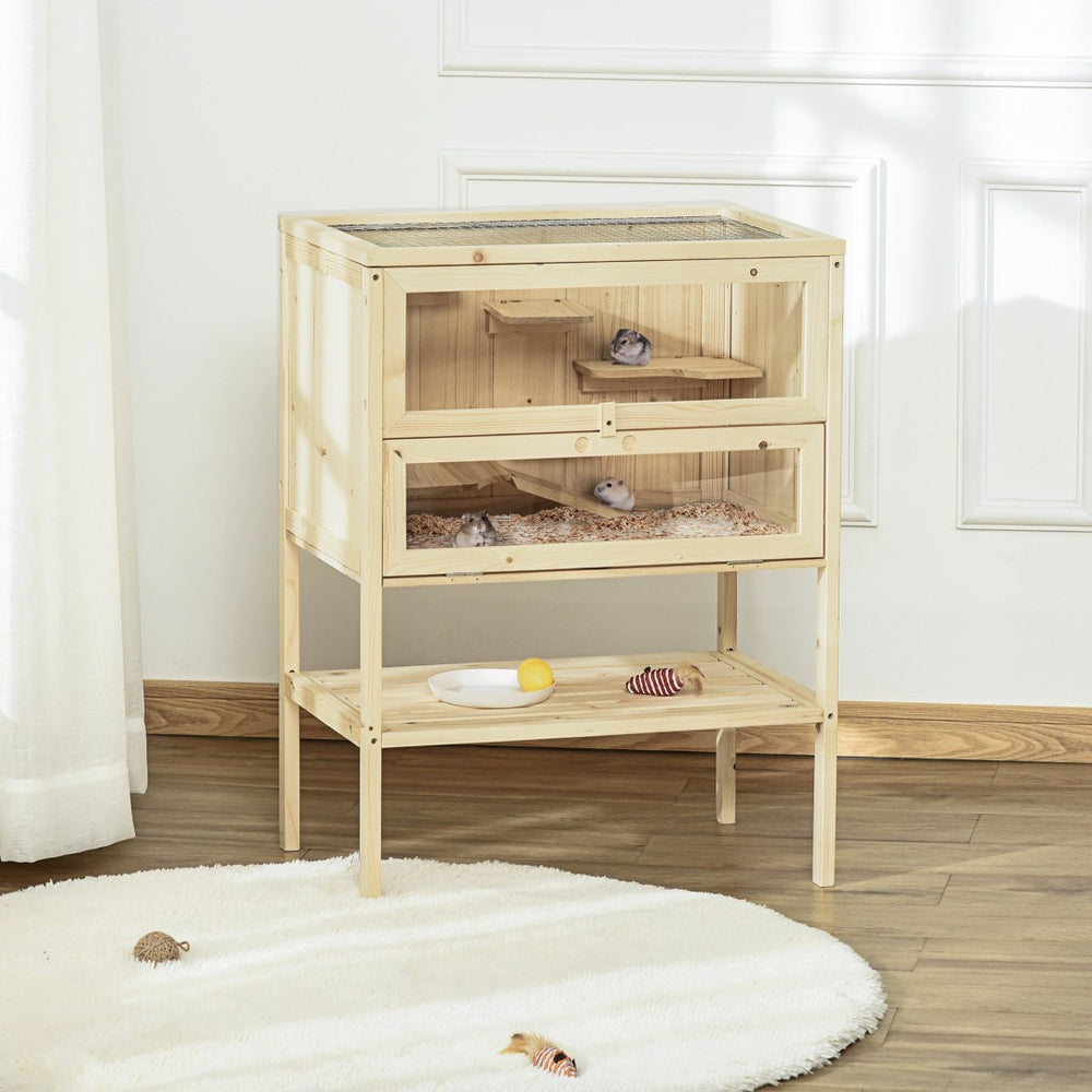 English Elm 3-tier Fir Wood Small Animal Hutch with Plexiglass Windows Five Platforms Ventilated Top W2225141114