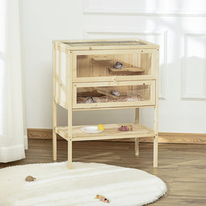 English Elm 3-tier Fir Wood Small Animal Hutch with Plexiglass Windows Five Platforms Ventilated Top W2225141114