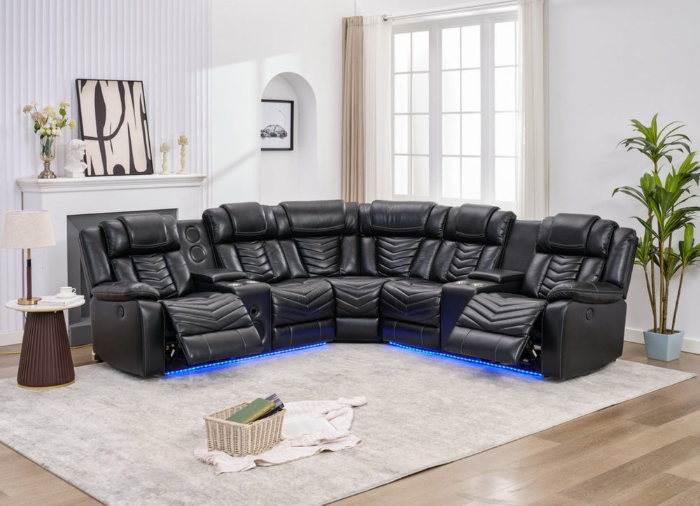English Elm Ms Faux Leather Power Reclining Sectional with Led Lighting and Bluetooth Speakers W1805S00184