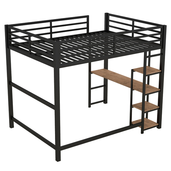 English Elm Full Size Metal Loft Bed with Built-in Desk & Shelves, Black — Space-Saving Study Station, Industrial Design, 250lb Capacity, Easy Assembly GX001116AAB-1