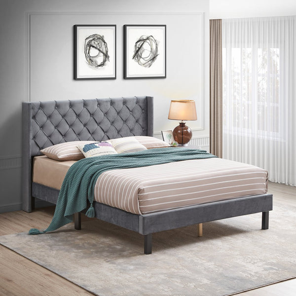 English Elm Velvet Queen Platform Bed Charcoal Gray — Button Tufted Winged Headboard, 600LB Slat Support, Easy Assembly W2297141187