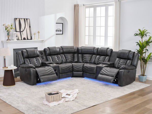 English Elm Ms Five Seat Power Reclining Sectional Faux Leather with Led Bluetooth Usb Charging Grey W1805S00185