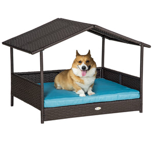 English Elm Wicker Outdoor Dog House with Canopy — Durable PE Rattan Elevated Bed, Water-Resistant Cushion Comfort Blue W2225141098