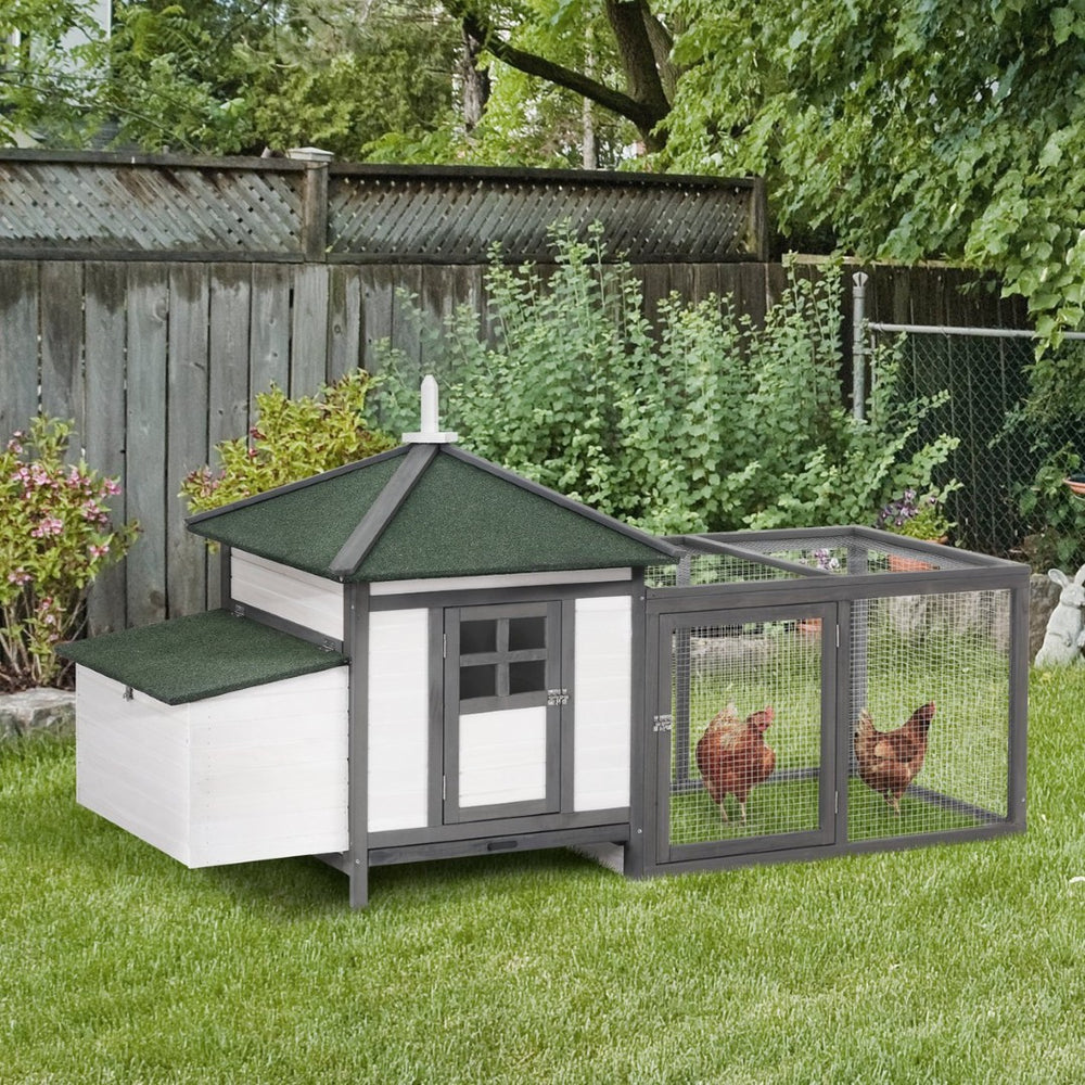 English Elm 77" Fir Wood Outdoor Chicken Coop with Nesting Box Ramp Run and Slide Out Tray W2225141104