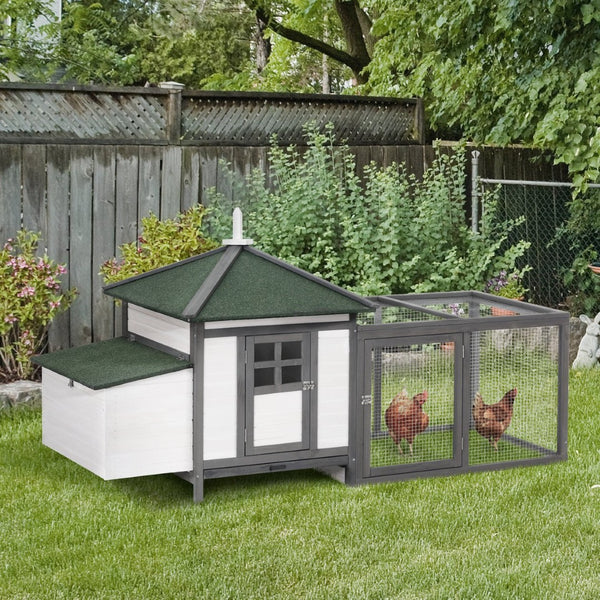 English Elm 77" Fir Wood Outdoor Chicken Coop with Nesting Box Ramp Run and Slide Out Tray W2225141104