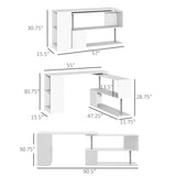 English Elm 55" 360° Rotating Corner Computer Desk Modern L-Shaped Home Office Workstation With 3-Tier Storage Shelves, Bookshelf, White