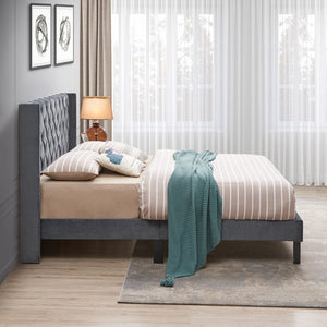 English Elm Velvet Queen Platform Bed Charcoal Gray — Button Tufted Winged Headboard, 600LB Slat Support, Easy Assembly W2297141187