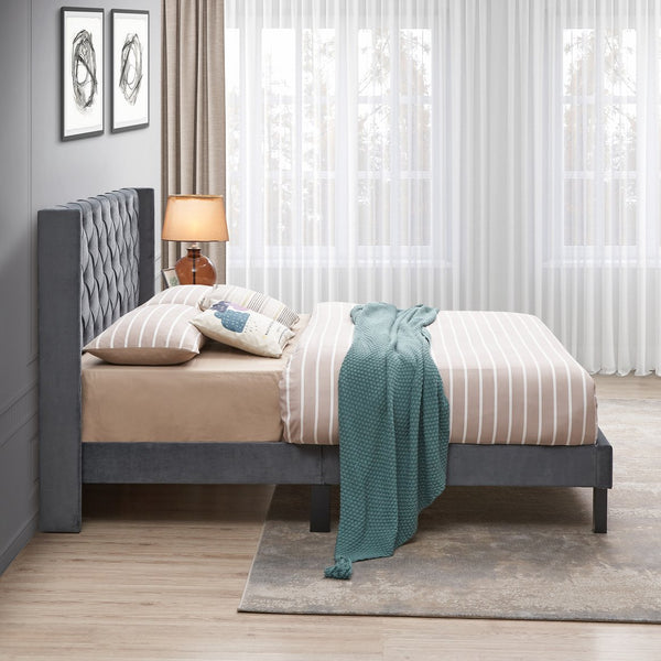 English Elm Velvet Queen Platform Bed Charcoal Gray — Button Tufted Winged Headboard, 600LB Slat Support, Easy Assembly W2297141187