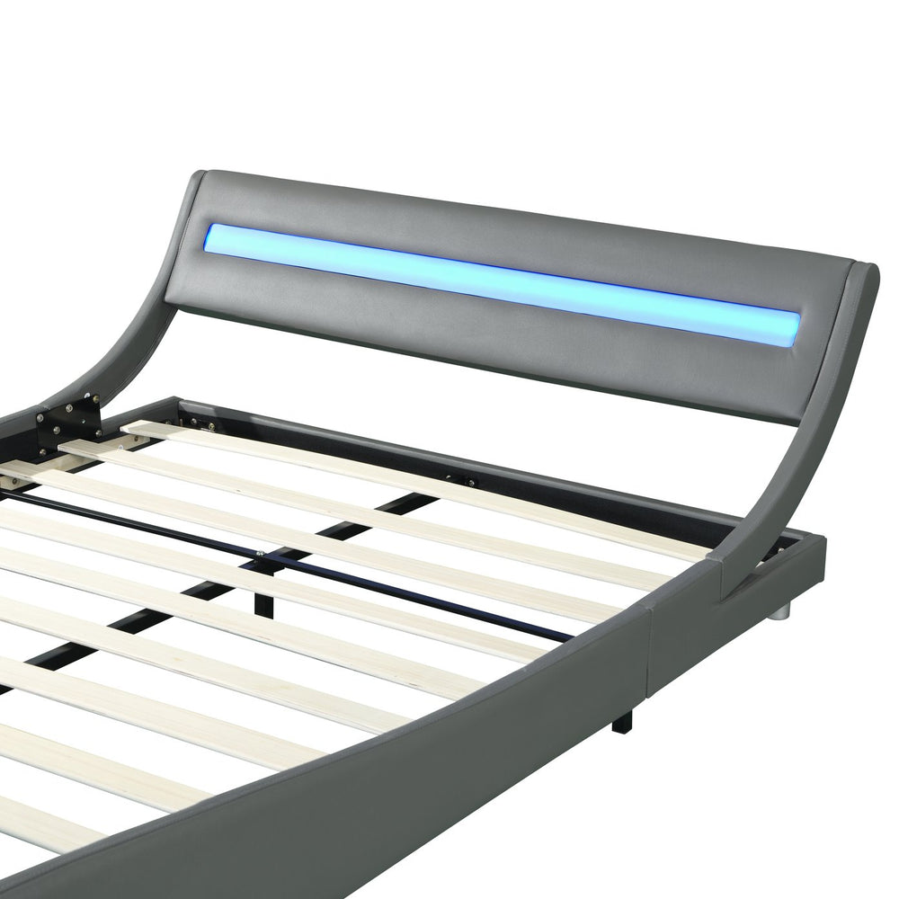 English Elm Faux Leather Upholstered Platform Bed Frame Queen with LED Remote Lighting, Curved Headboard, 600lb Limit W2297140906