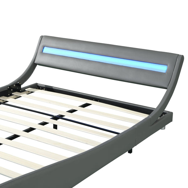 English Elm Faux Leather Upholstered Platform Bed Frame Queen with LED Remote Lighting, Curved Headboard, 600lb Limit W2297140906