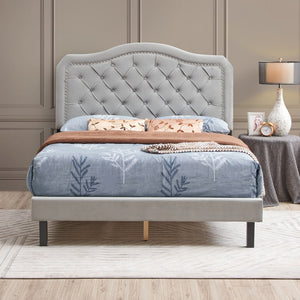 English Elm Upholstered Queen Platform Bed Gray Velvet with Button Tufted Curved Headboard, Sturdy 600LB Slats W2297140924