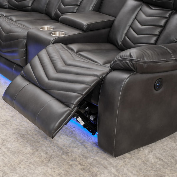 English Elm Ms Five Seat Power Reclining Sectional Faux Leather with Led Bluetooth Usb Charging Grey W1805S00185