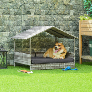 English Elm Wicker Outdoor Dog House with Canopy — Durable PE Rattan Elevated Bed, Water-Resistant Cushion Comfort White W2225141097