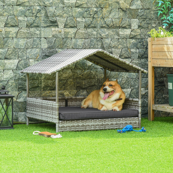 English Elm Wicker Outdoor Dog House with Canopy — Durable PE Rattan Elevated Bed, Water-Resistant Cushion Comfort White W2225141097