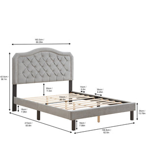 English Elm Upholstered Queen Platform Bed Gray Velvet with Button Tufted Curved Headboard, Sturdy 600LB Slats W2297140924