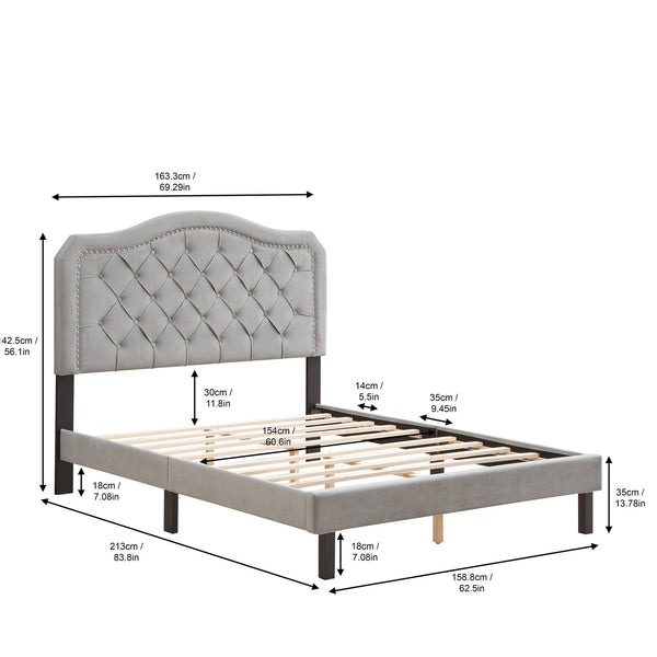 English Elm Upholstered Queen Platform Bed Gray Velvet with Button Tufted Curved Headboard, Sturdy 600LB Slats W2297140924