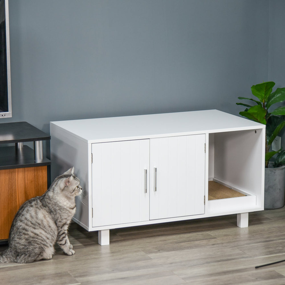 English Elm Wooden Hidden Cat Litter Box & End Table with Scratcher, Magnetic Doors, Storage Cabinet White W2225141101