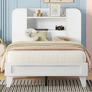 English Elm Twin Size Platform Bed With Storage Headboard,Multiple Storage Shelves On Both Sides,White