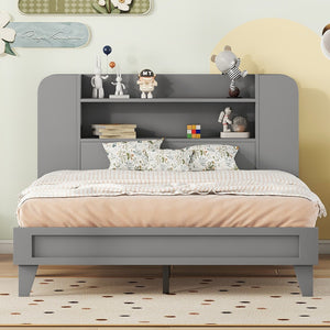 English Elm Full Size Platform Bed With Storage Headboard,Multiple Storage Shelves On Both Sides,Grey