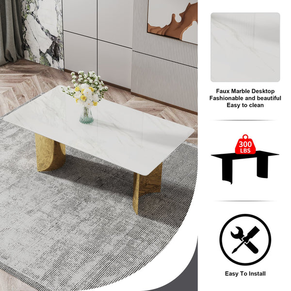 English Elm Modern Minimalist Dining Table With White Imitation Marble Top & Gold Metal Legs - 71" X 39" W1151S04320