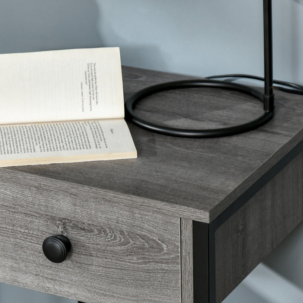 English Elm Industrial End Table with Drawer & Open Shelf, Grey Wood Grain Top, Black Metal Frame, 66lb Capacity, Compact Accent Table for Living Room or Bedroom (15.75"x15.75"x21.75") W2225141480